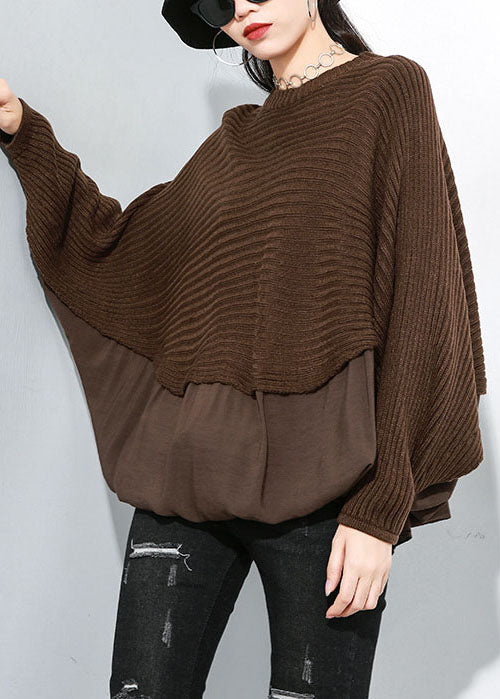 Fashion Chocolate O-Neck Batwing Sleeve Patchwork Knit top