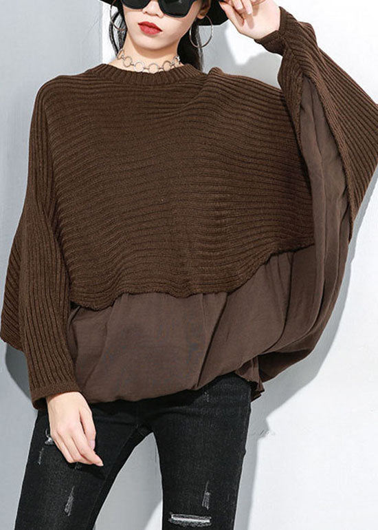 Fashion Chocolate O-Neck Batwing Sleeve Patchwork Knit top