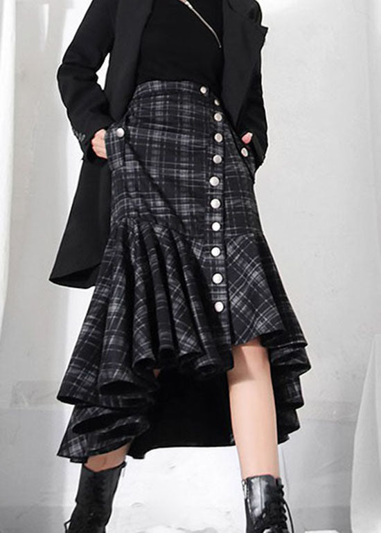 Fashion dark Grey button Ruffles Plaid Skirt Spring