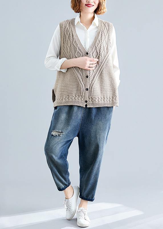 Fashion fall light khaki knit tops oversize sleeveless clothes For Women