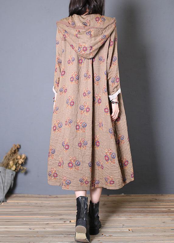 Fashion oversized coat fall khaki print hooded Cinched Coats