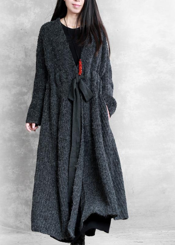 Fashion oversized long winter coat dark gray v neck drawstring wool coat for woman