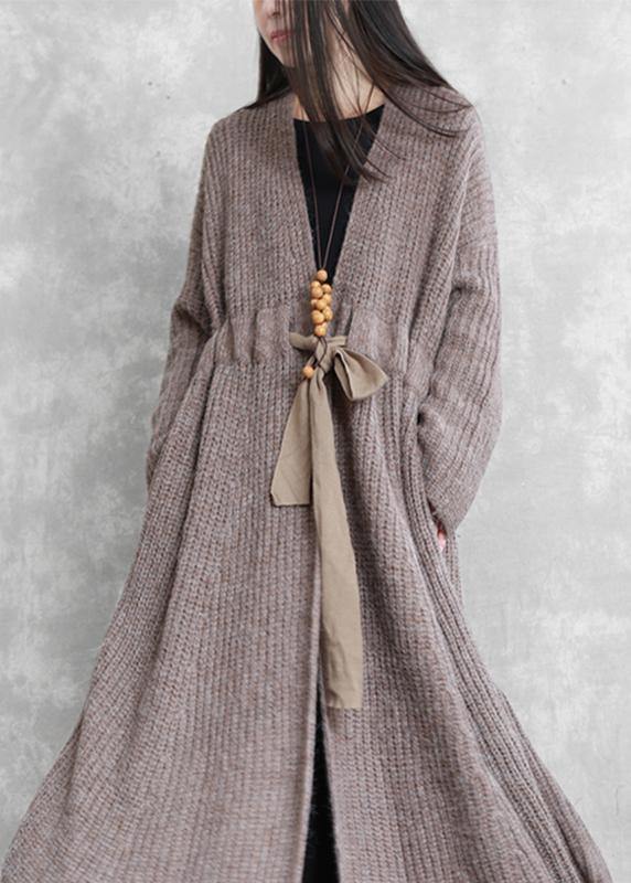 Fashion oversized long winter coat dark gray v neck drawstring wool coat for woman