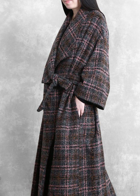 Fashion trendy plus size women coats gray plaid tie waist pockets wool coat