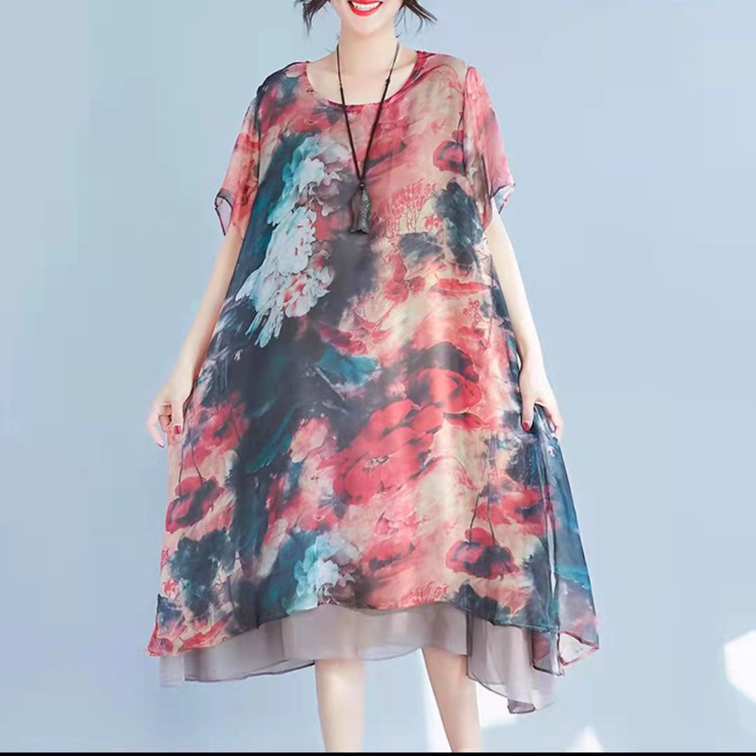 Fashion Red Prints Chiffon Shift Dresses Oversize Chiffon Clothing Dresses Women Half Sleeve Asymmetric Hem Cotton Clothing