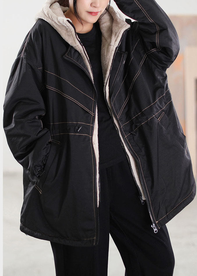 Fine Black Hooded Patchwork Cashmere Parkas Winter