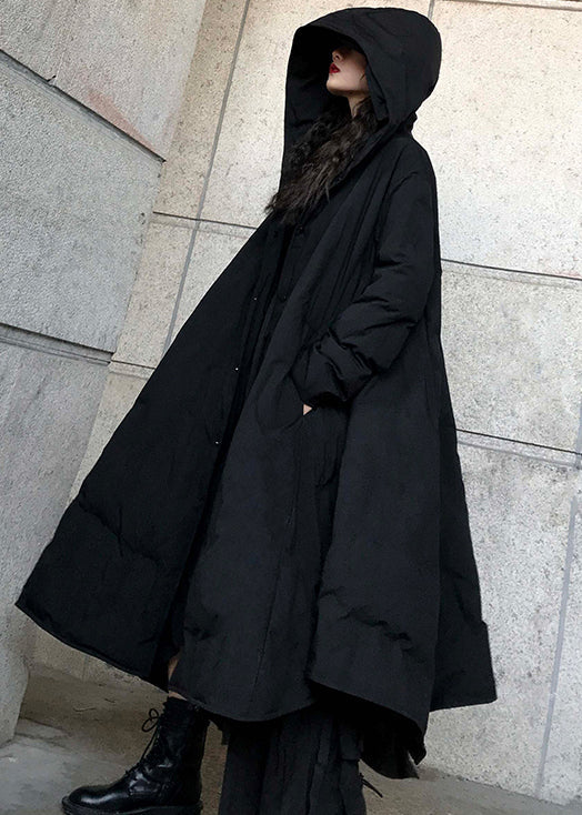 Fine Black Hooded Pockets Fine Cotton Filled Parka Winter