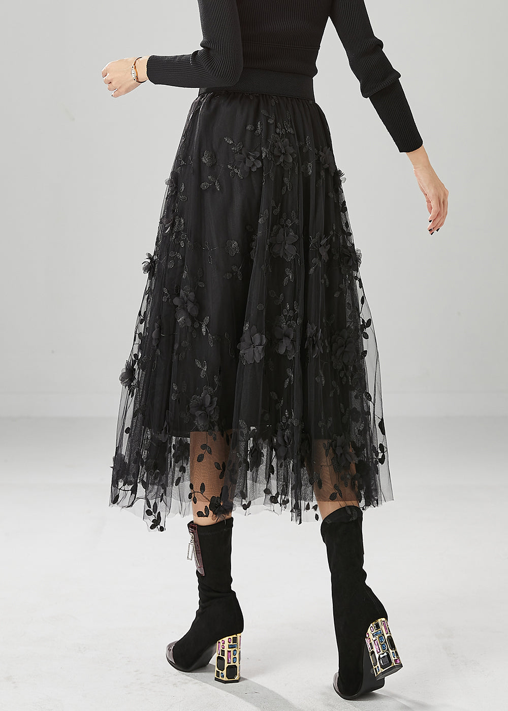 Fine Black Stereoscopic Floral Tulle Skirt Fall