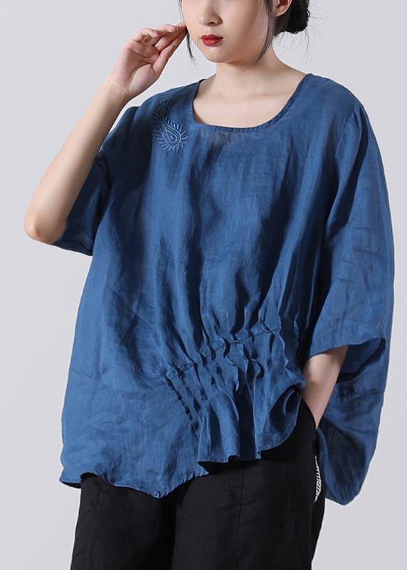 Fine Blue Embroideried Cotton Linen Blouses Summer