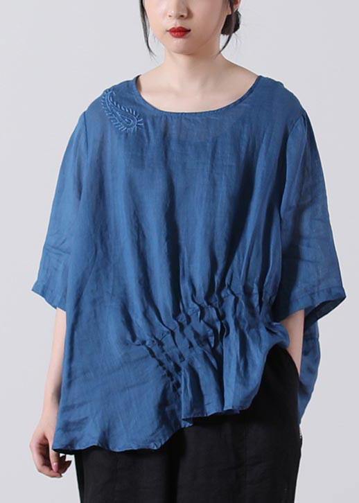 Fine Blue Embroideried Cotton Linen Blouses Summer