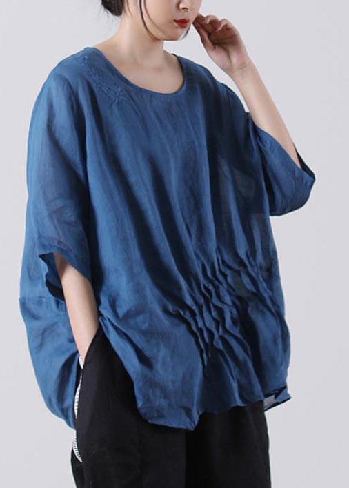 Fine Blue Embroideried Cotton Linen Blouses Summer