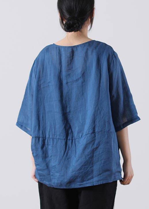 Fine Blue Embroideried Cotton Linen Blouses Summer