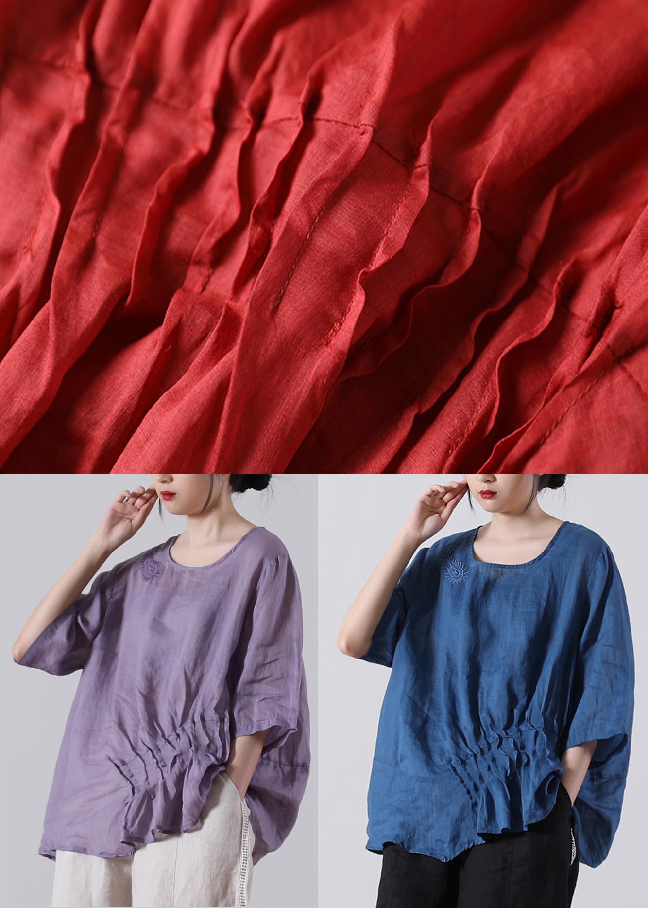 Fine Blue Embroideried Cotton Linen Blouses Summer