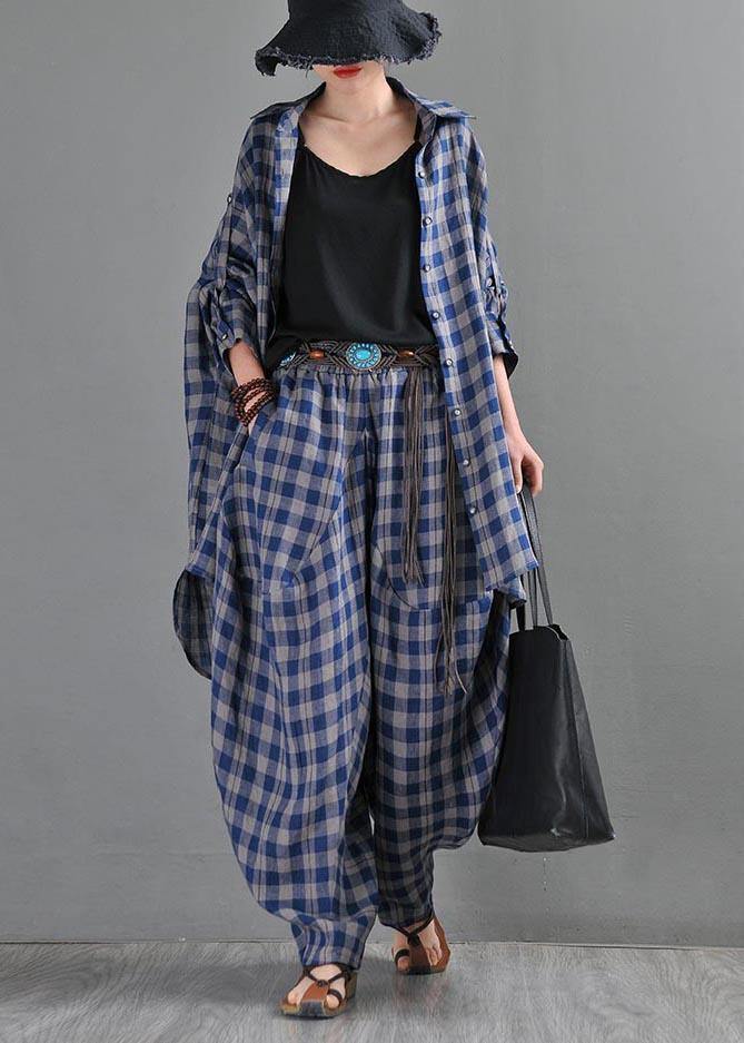 Fine Blue Grey Plaid Cotton Linen Elastic Waist Harem Summer Pants