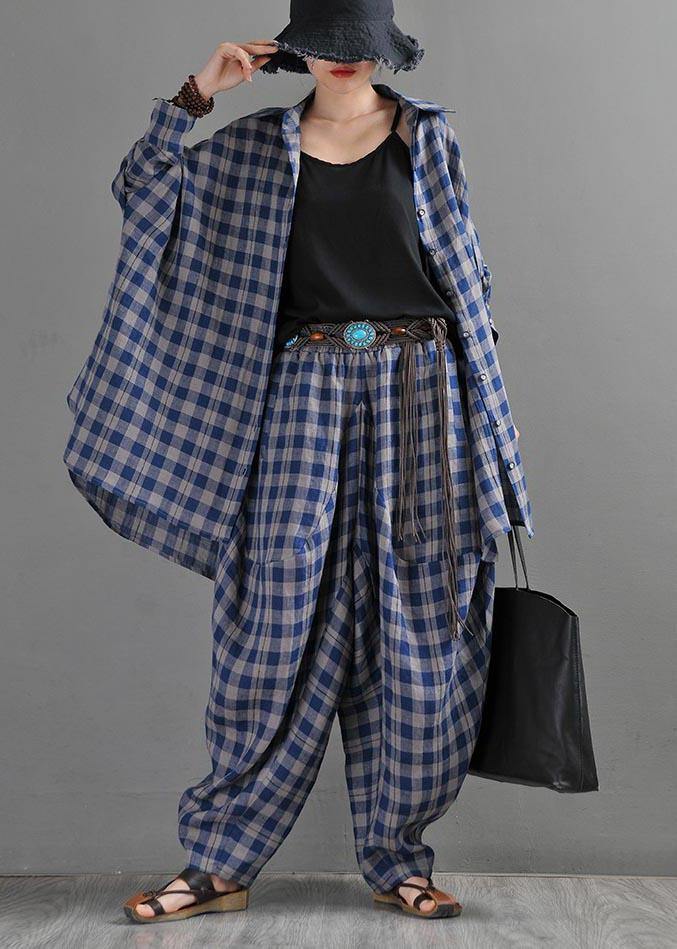 Fine Blue Grey Plaid Cotton Linen Elastic Waist Harem Summer Pants