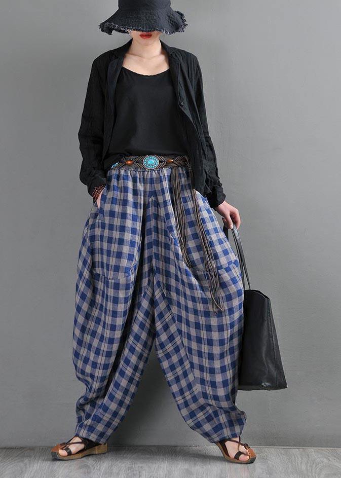 Fine Blue Grey Plaid Cotton Linen Elastic Waist Harem Summer Pants