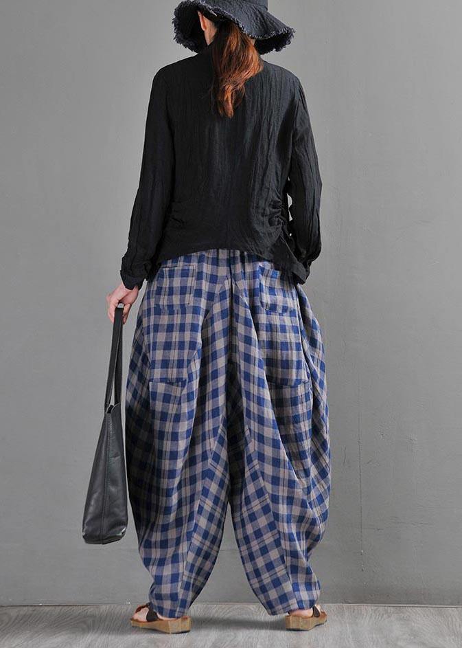 Fine Blue Grey Plaid Cotton Linen Elastic Waist Harem Summer Pants