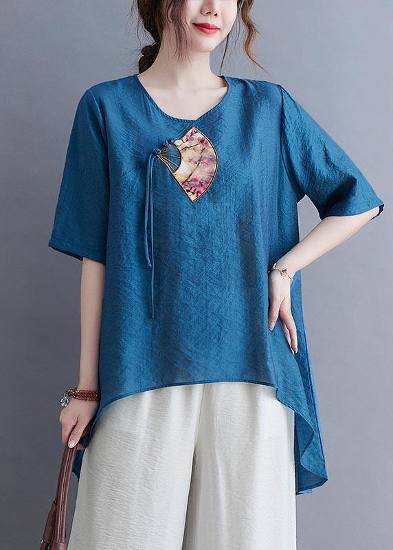 Fine Blue Oriental Cotton Linen Summer Tee