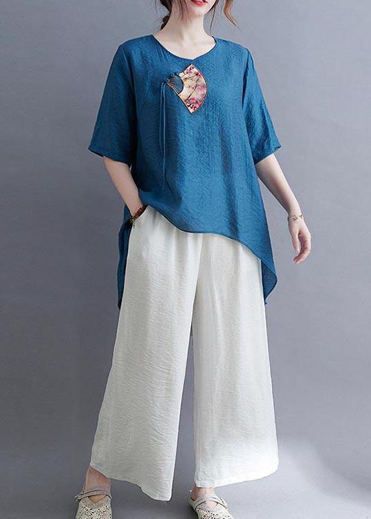 Fine Blue Oriental Cotton Linen Summer Tee