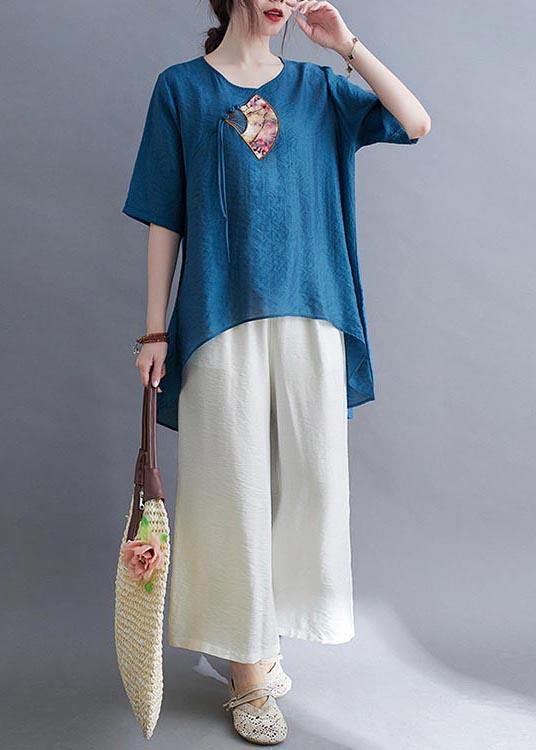 Fine Blue Oriental Cotton Linen Summer Tee