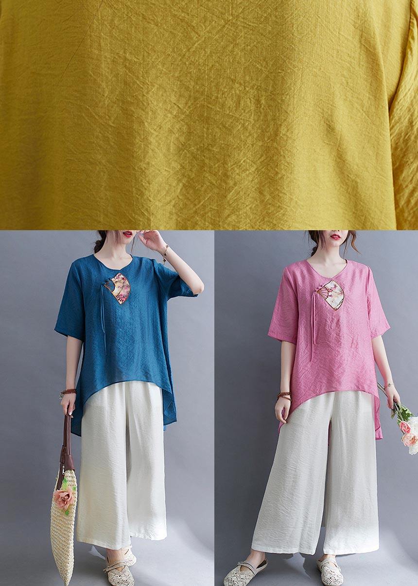 Fine Blue Oriental Cotton Linen Summer Tee