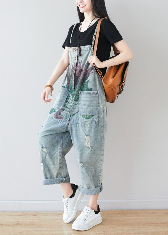 Fine Blue Patchwork Pockets Print Denim Jumpsuit Summer