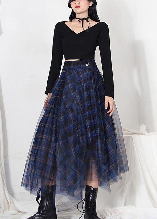 Fine Blue Plaid Button Asymmetrical Summer Skirt