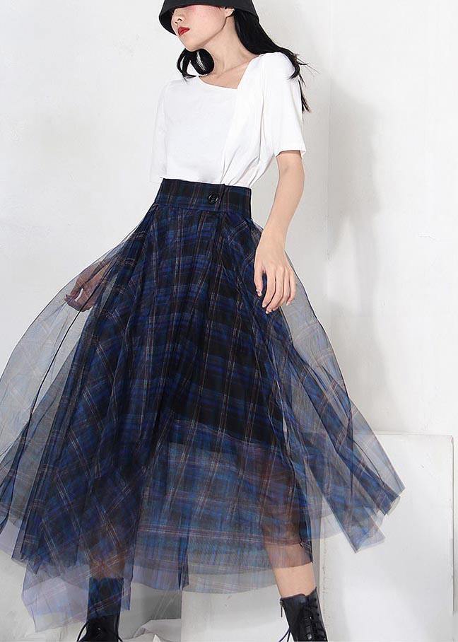 Fine Blue Plaid Button Asymmetrical Summer Skirt