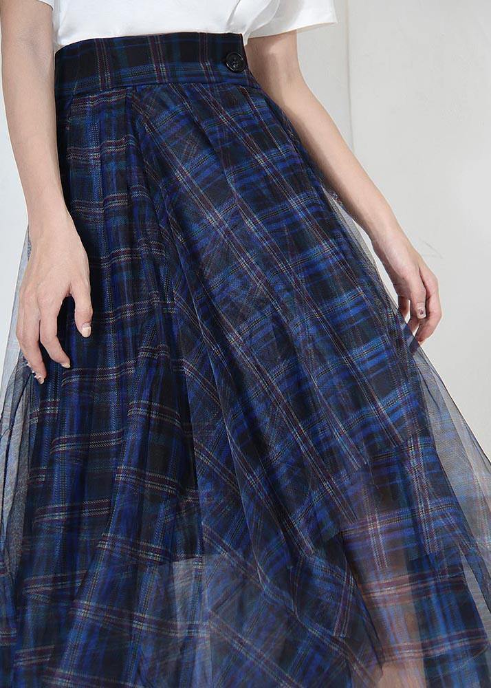 Fine Blue Plaid Button Asymmetrical Summer Skirt