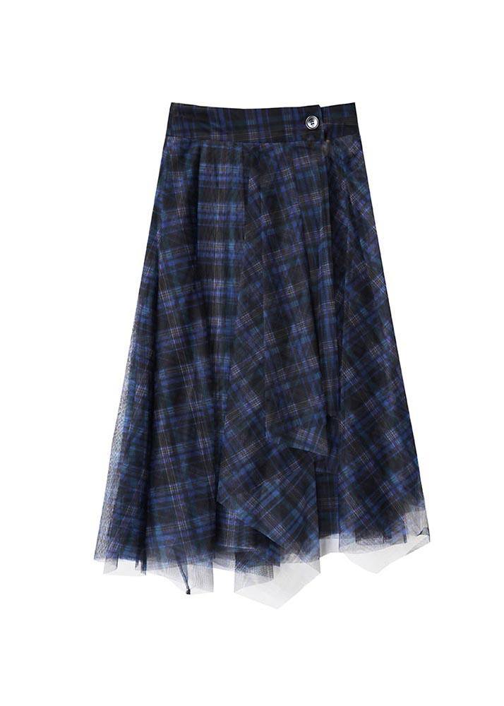 Fine Blue Plaid Button Asymmetrical Summer Skirt