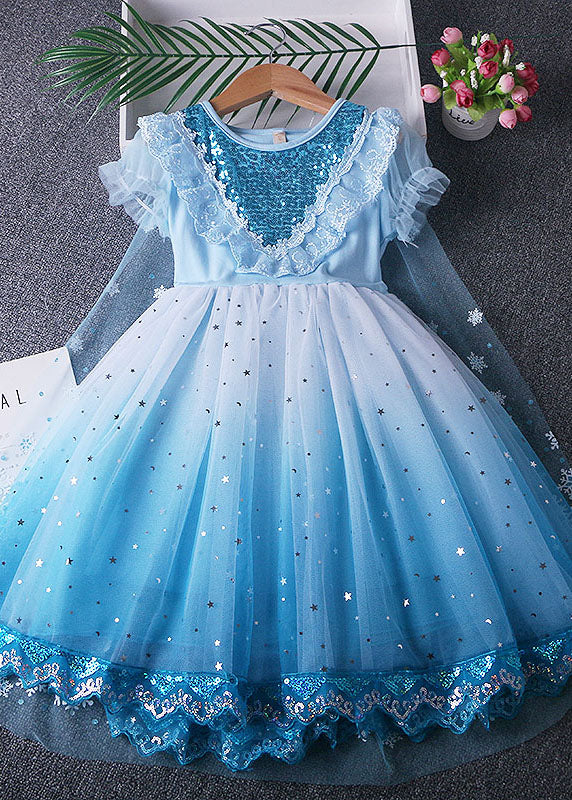 Fine Blue Ruffled Sequins Lace Patchwork Tulle Baby Girls Princess Dress Summer