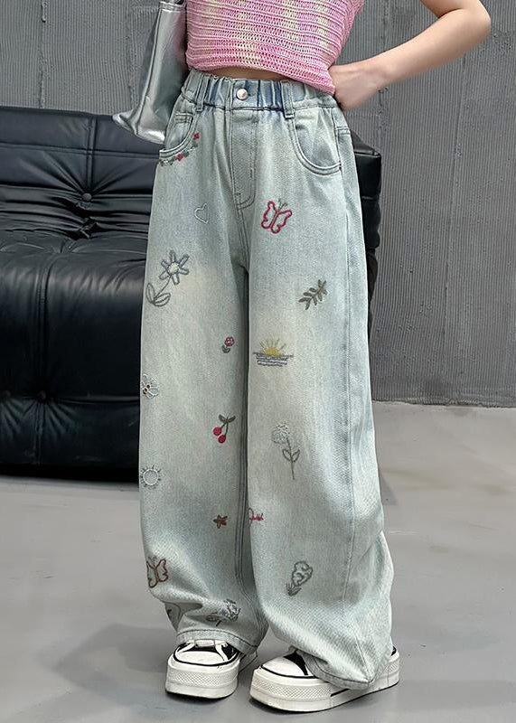 Fine Denim Blue Print Elastic Waist Girls Straight Pants Spring