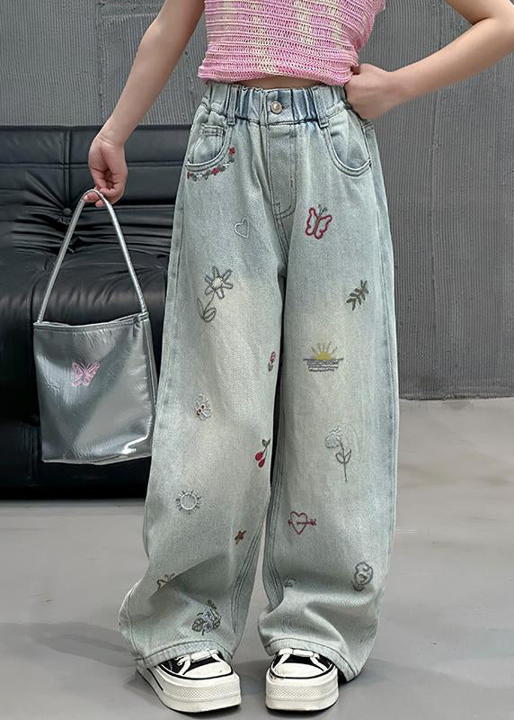 Fine Denim Blue Print Elastic Waist Girls Straight Pants Spring