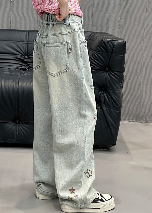 Fine Denim Blue Print Elastic Waist Girls Straight Pants Spring