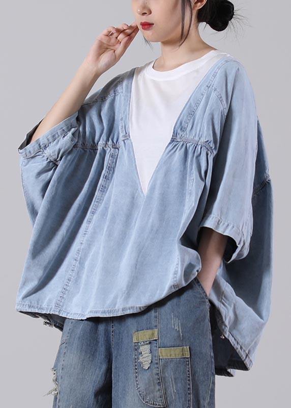 Fine Denim blue Patchwork Black Cotton Loose Shirts Summer