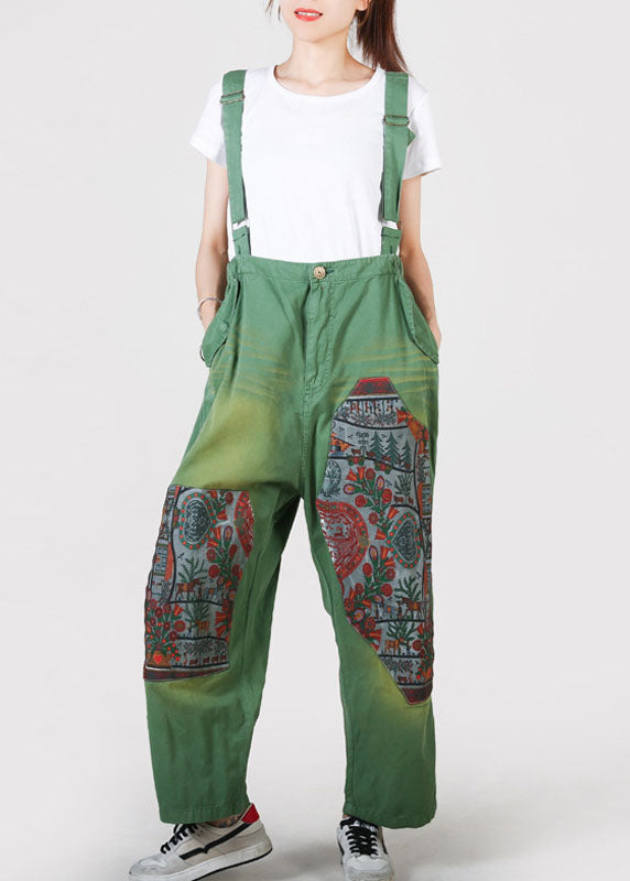 Fine Green Pockets Print Denim Carpenter Pants Summer