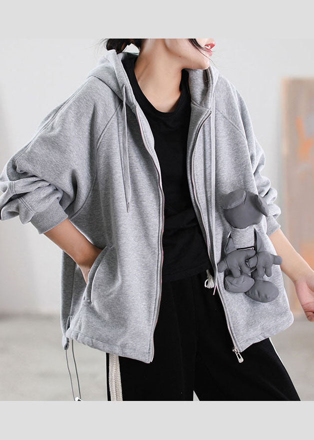 Fine Grey Hooded Pockets Warm Fleece Sweatshirts Top Spring Coat