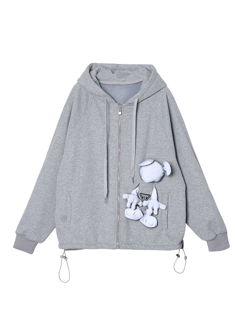 Fine Grey Hooded Pockets Warm Fleece Sweatshirts Top Spring Coat