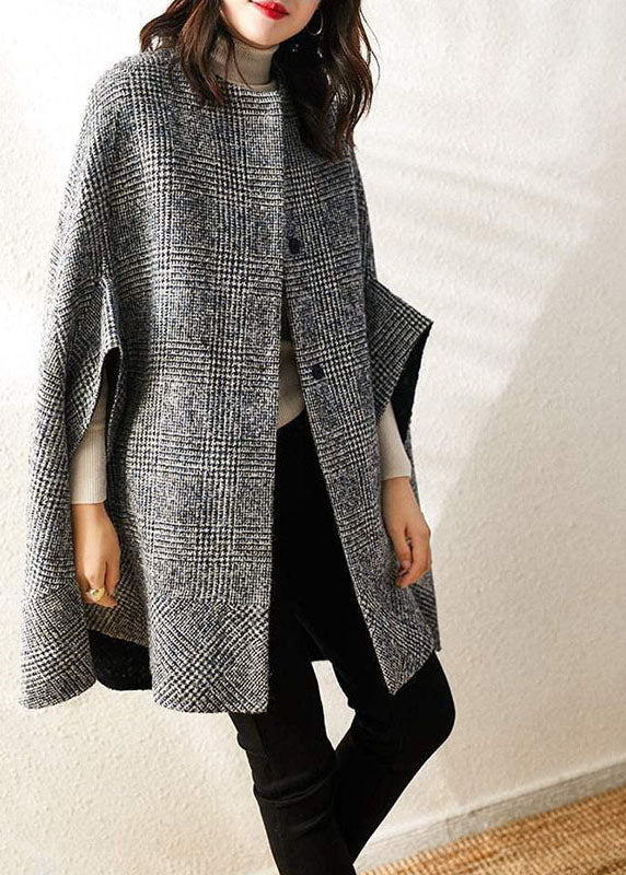 Fine Grey Plaid O-Neck Button Fall Woolen Three Quarter sleeve parka