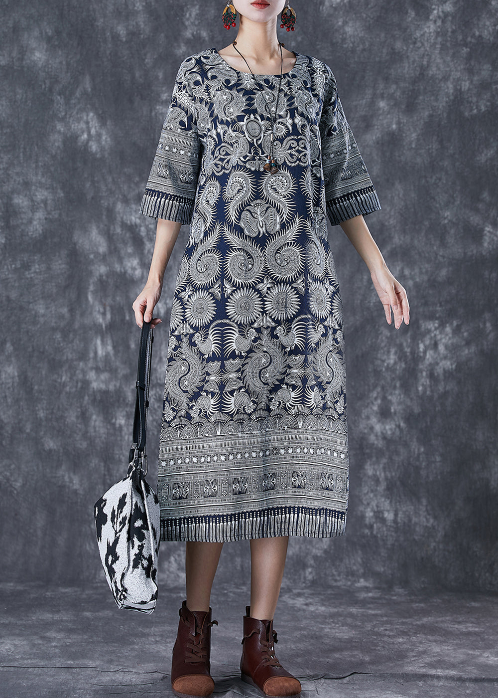 Fine Grey Print Slim Fit Cotton Straight Dresses Half Sleeve