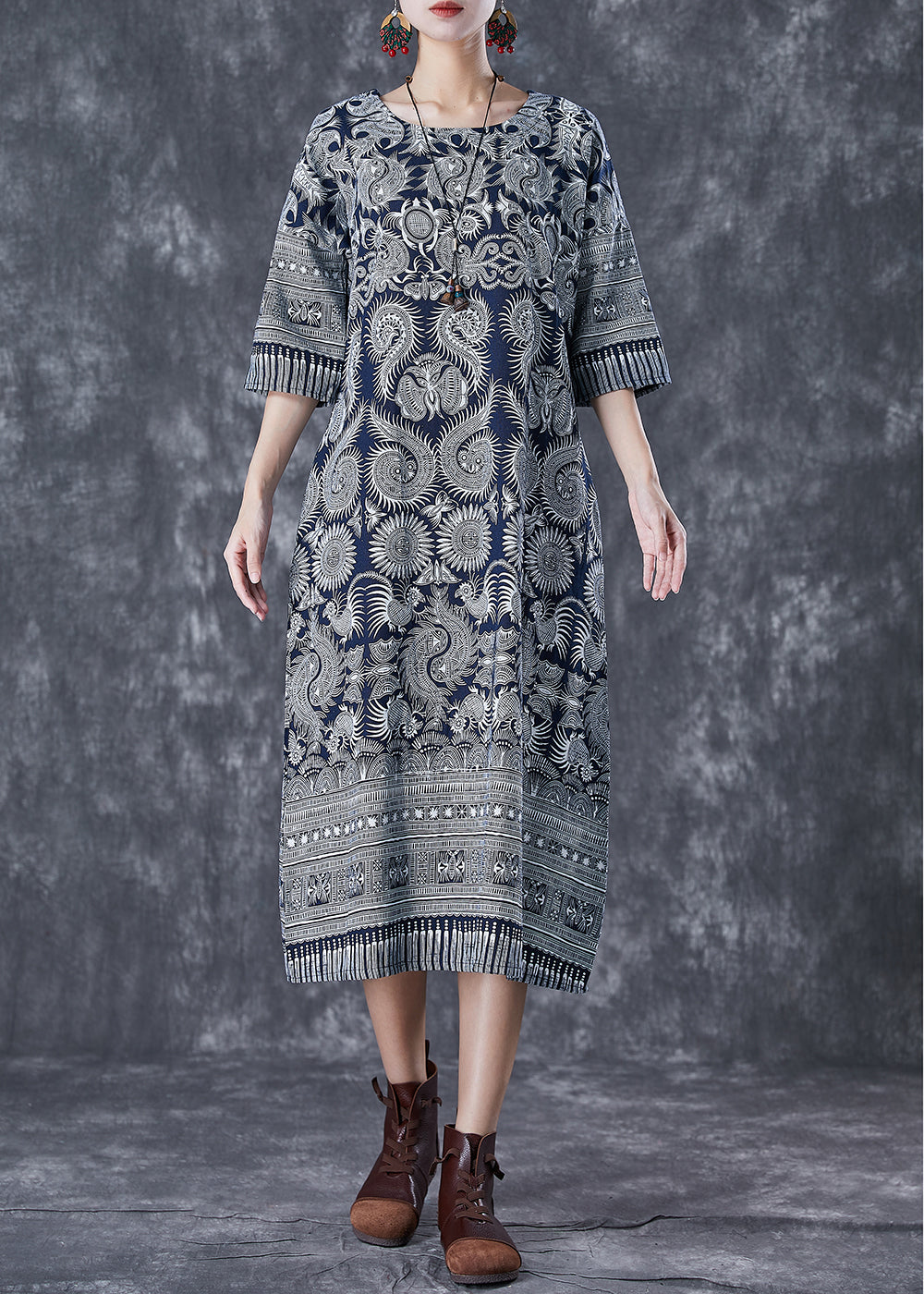 Fine Grey Print Slim Fit Cotton Straight Dresses Half Sleeve