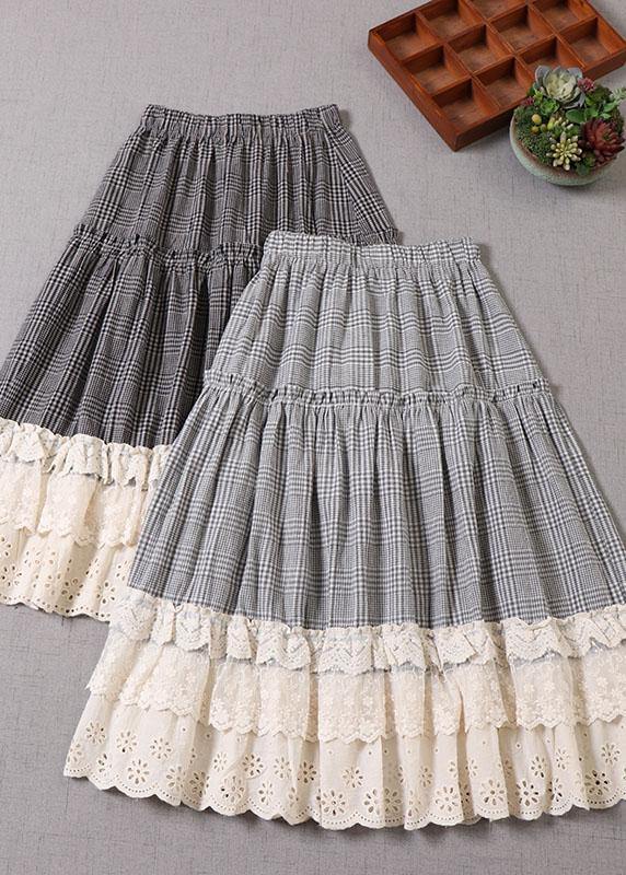 Fine Light Gray Plaid Patchwork Wrinkled Lace Fall Skirts