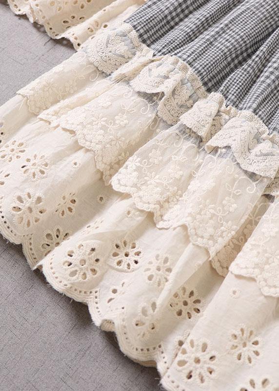 Fine Light Gray Plaid Patchwork Wrinkled Lace Fall Skirts