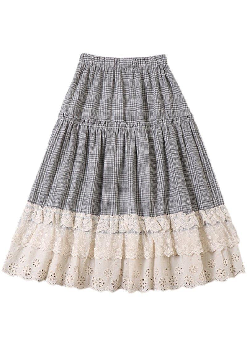 Fine Light Gray Plaid Patchwork Wrinkled Lace Fall Skirts