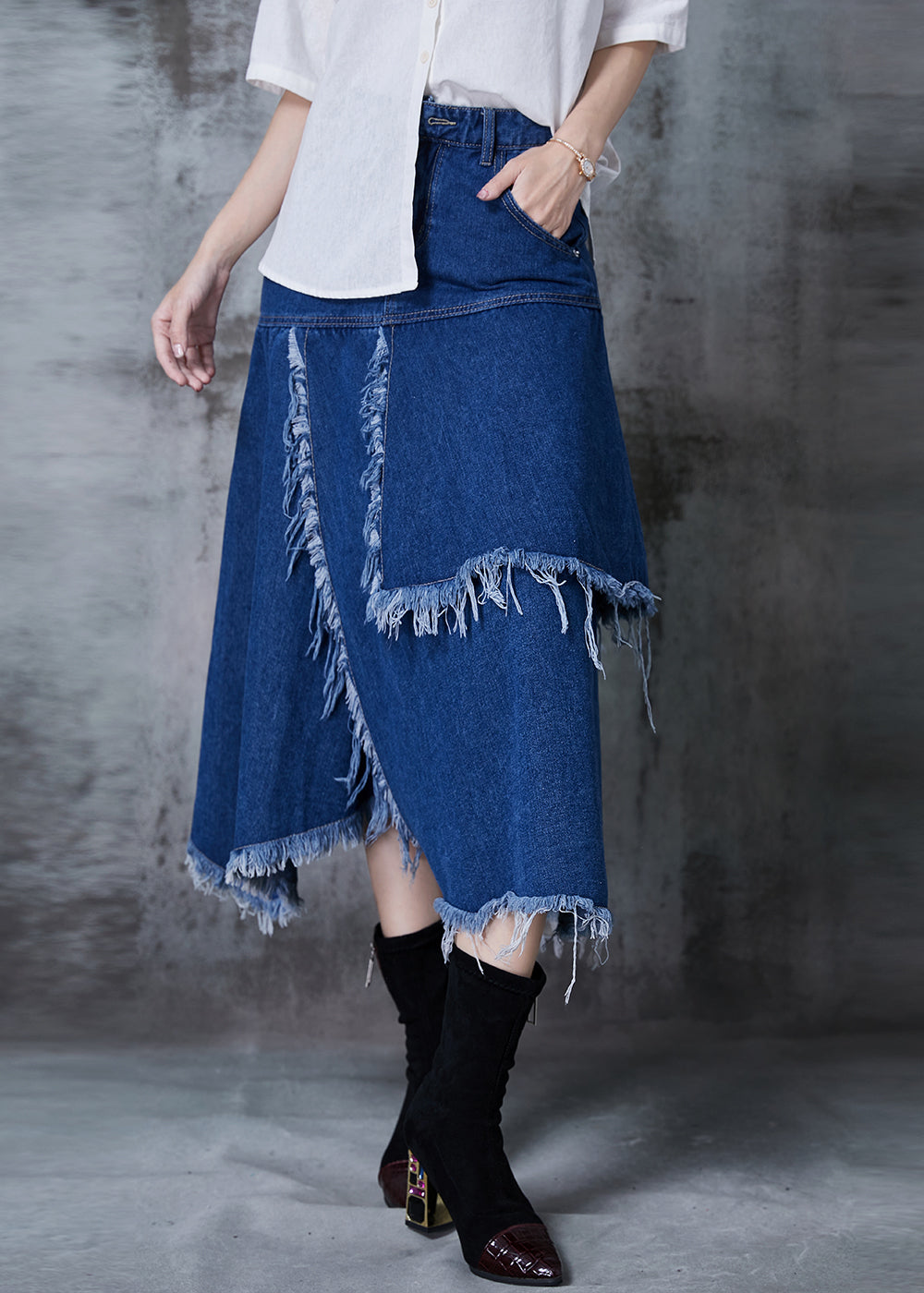 Fine Navy Asymmetrical Patchwork Tasseled Denim Skirts Fall