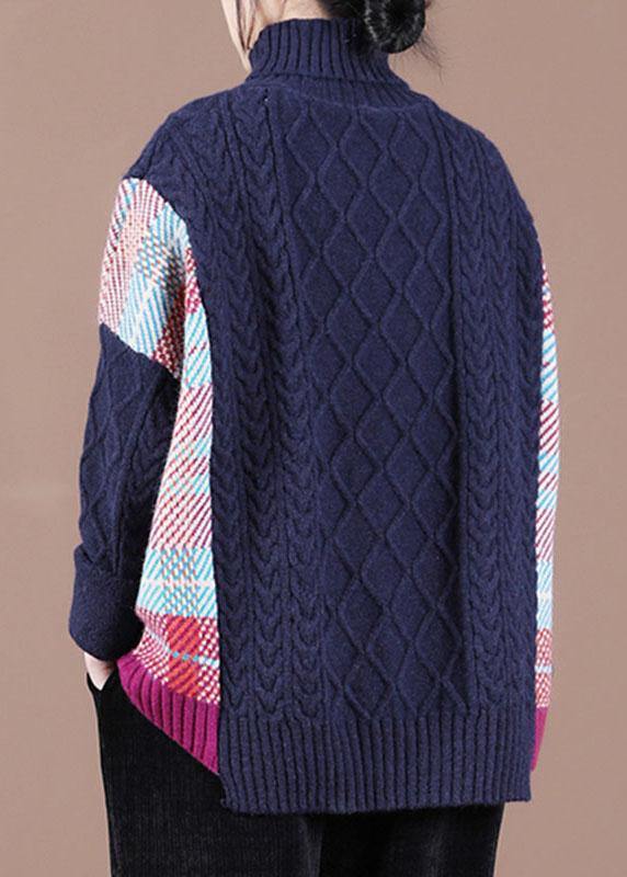 Fine Navy Patchwork High neck Fall Knit Sweater