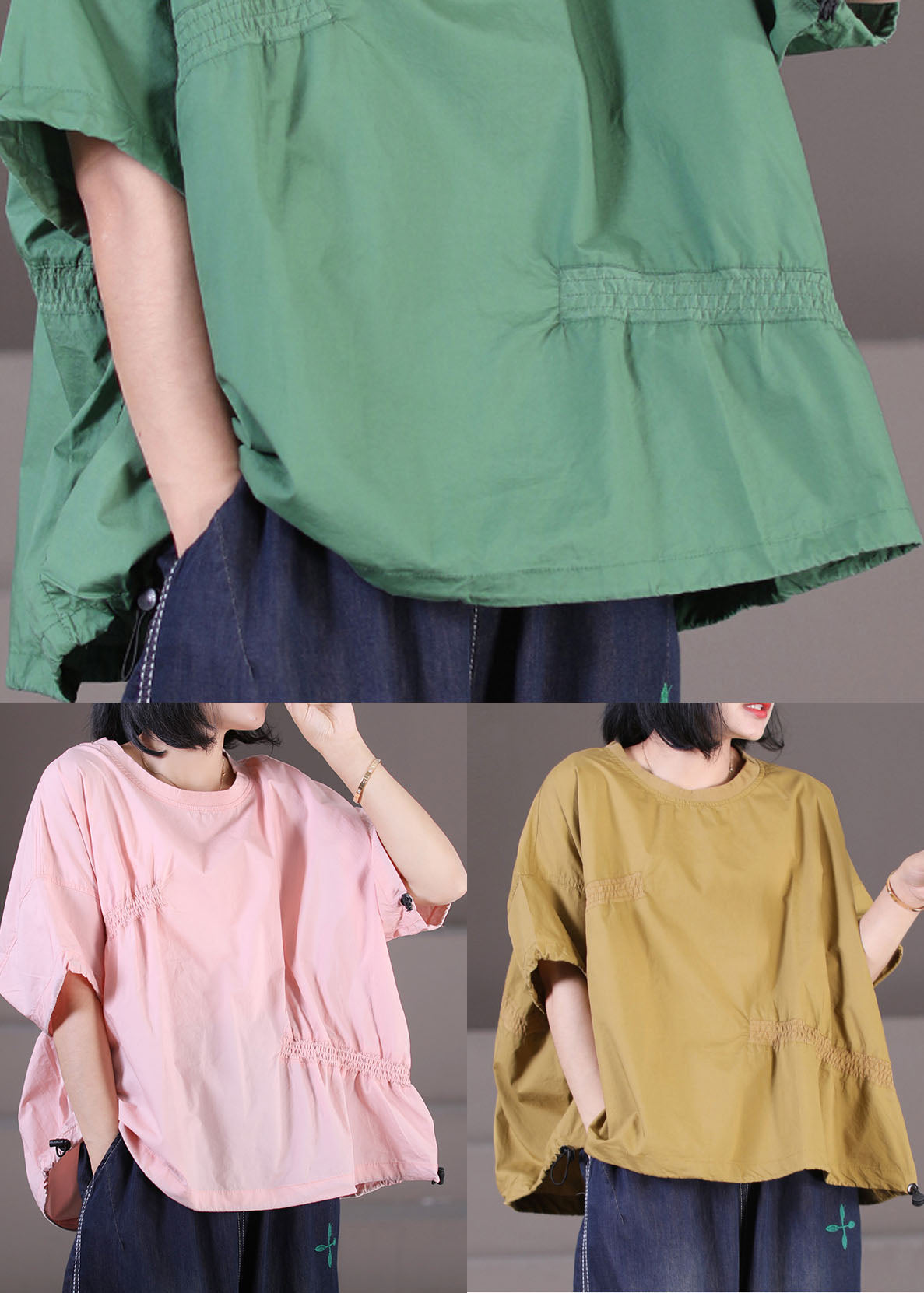 Fine Yellow O-Neck Wrinkled Oversized Cotton Loose Sweatshirts Top Short Sleeve