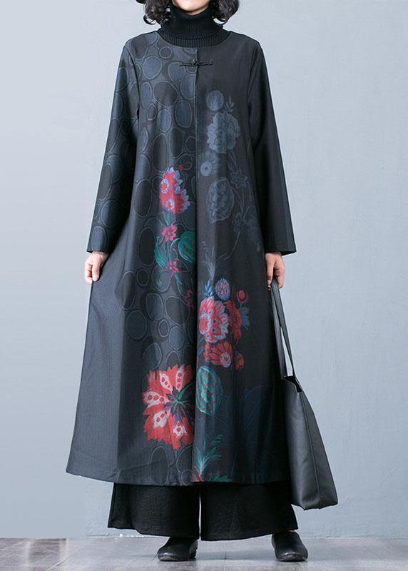 Fine black prints overcoat trendy plus size long jackets fall trench coats Chinese Button