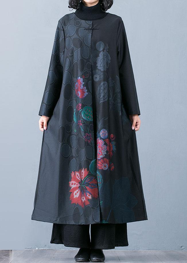 Fine black prints overcoat trendy plus size long jackets fall trench coats Chinese Button