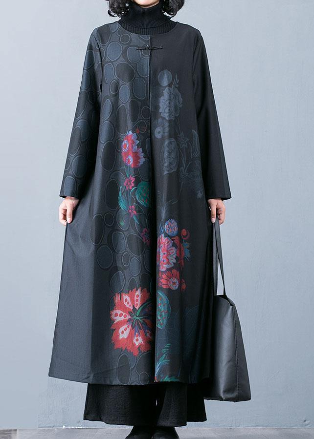 Fine black prints overcoat trendy plus size long jackets fall trench coats Chinese Button